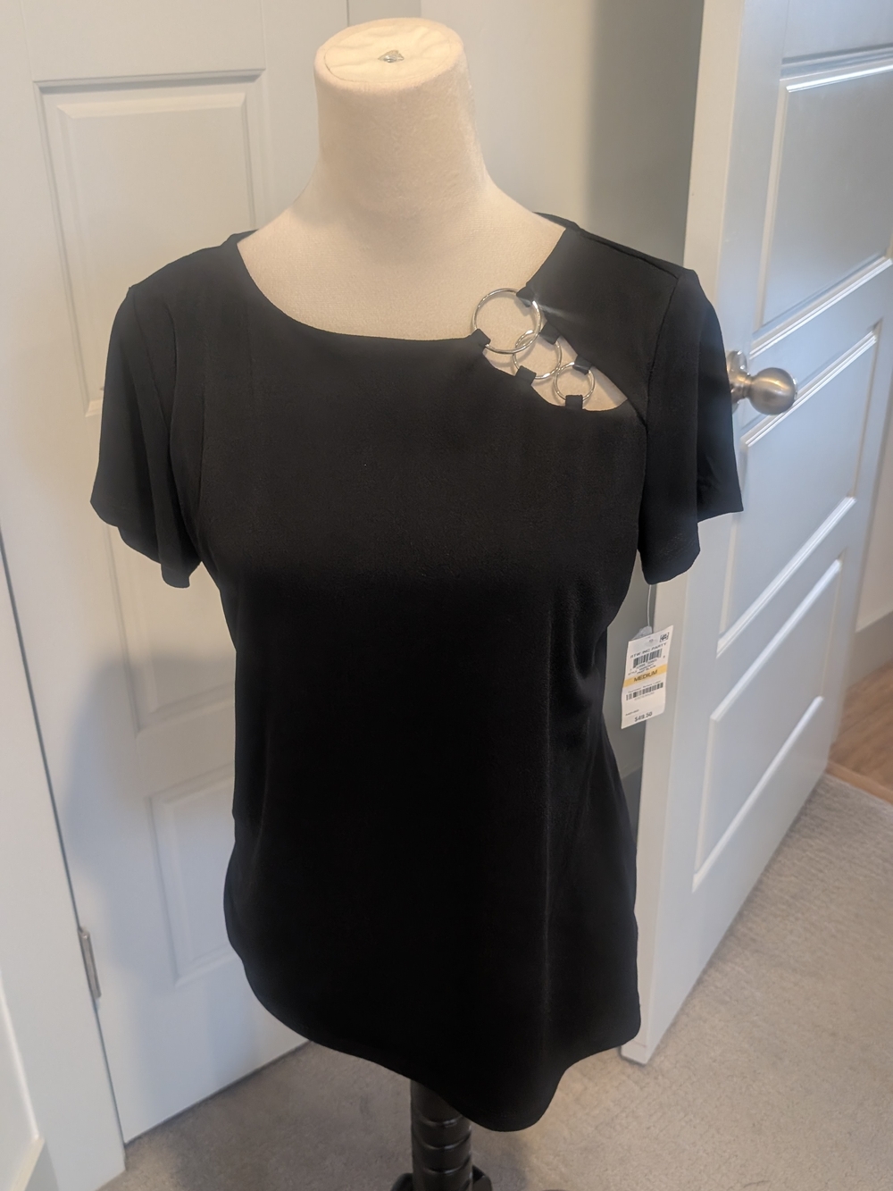 INC International Concepts Black Short-Sleeve Top with Silver Ring Detail